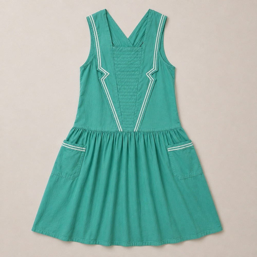 Vtg 1970s does 50s Teal Seafoam Green Pinafore Dress Nautical Sailor Cotton XS